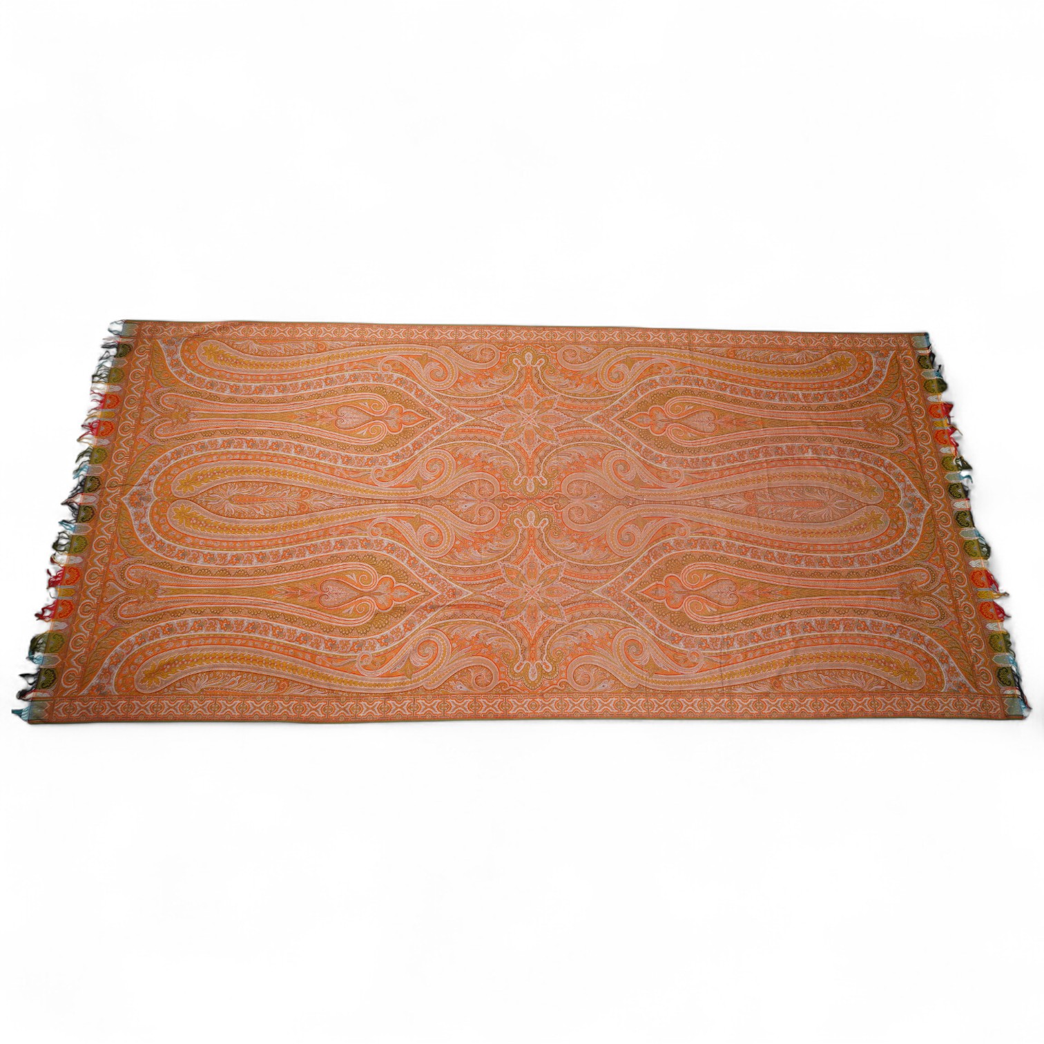 A French possibly Lyon, 19th century ornate silk and fine wool woven Paisley patterned shawl. Woven in polychromes coloured silks and wools on a jacquard loom, using an array of punch cards to create this elaborate desig